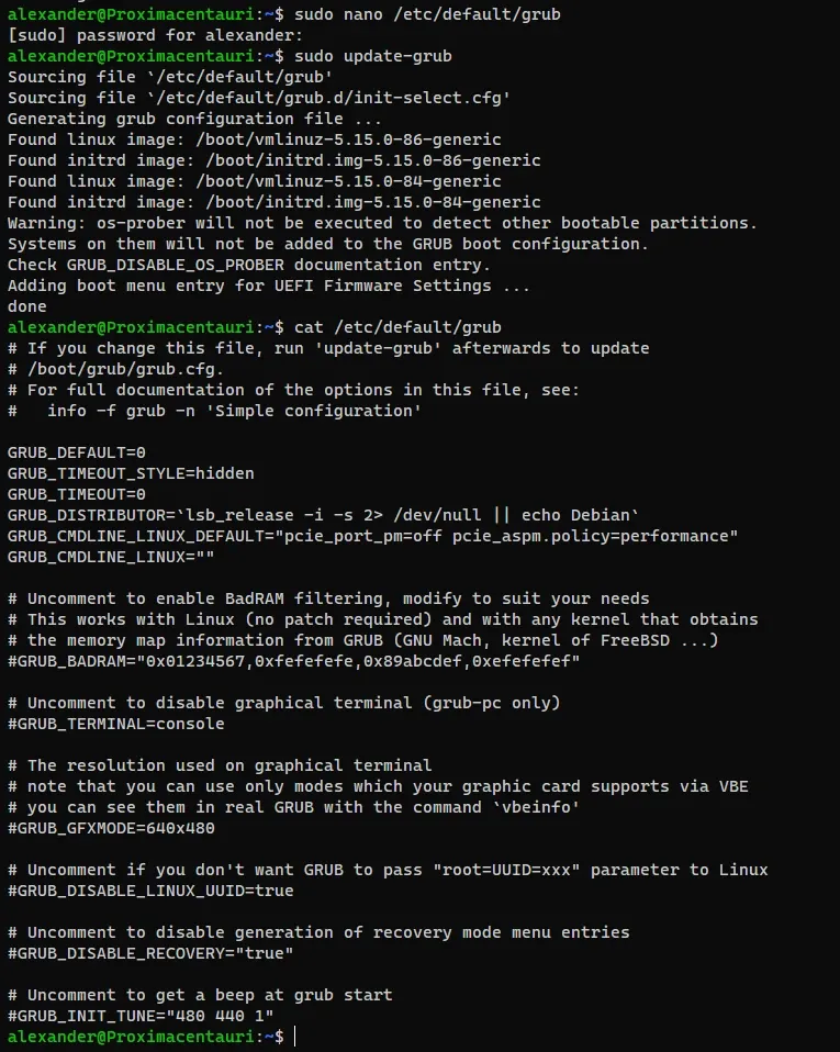 Trying to fix the driver issues by setting pcie_aspm policy in grub's config