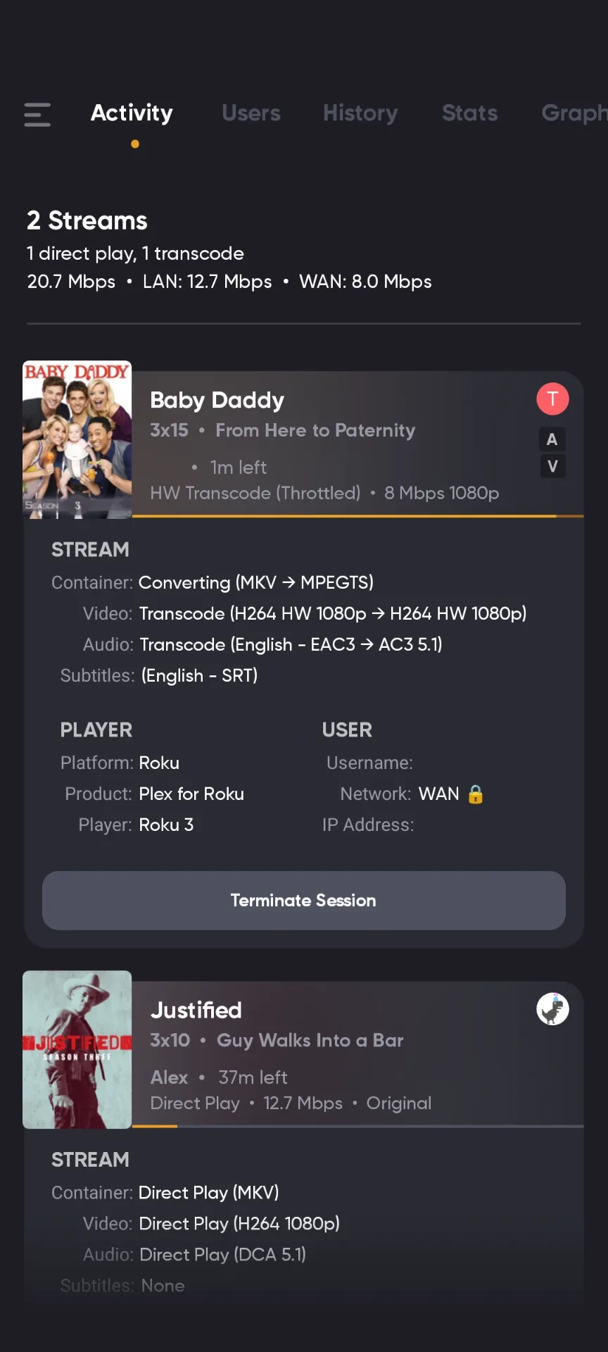 Tautulli Activity tab