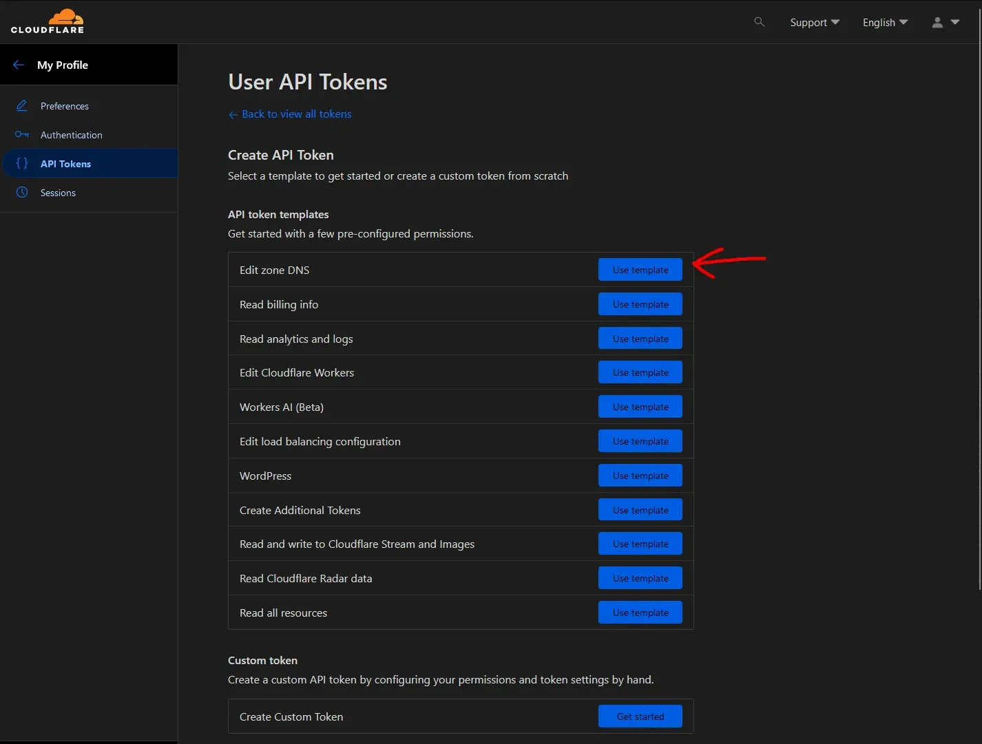 Cloudflare API template page