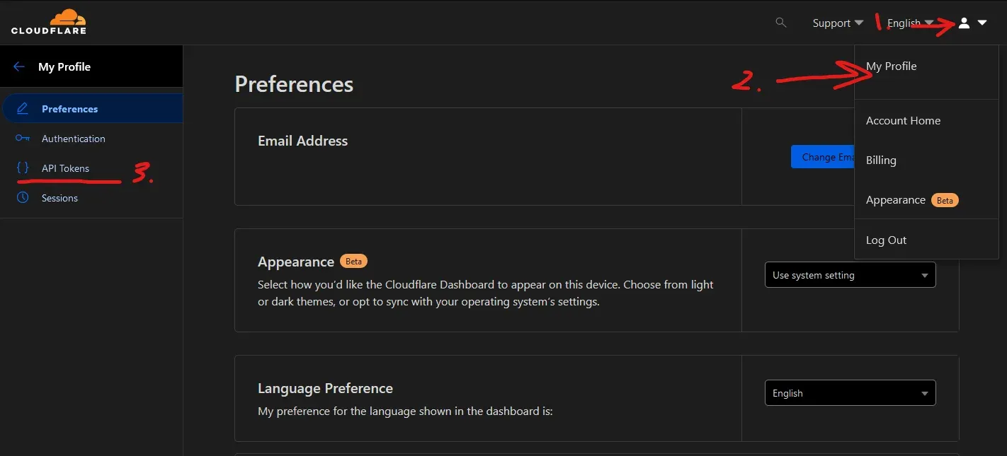 Navigating to the API Tokens page in Cloudflare