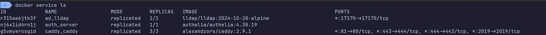 docker service ls command showing Caddy