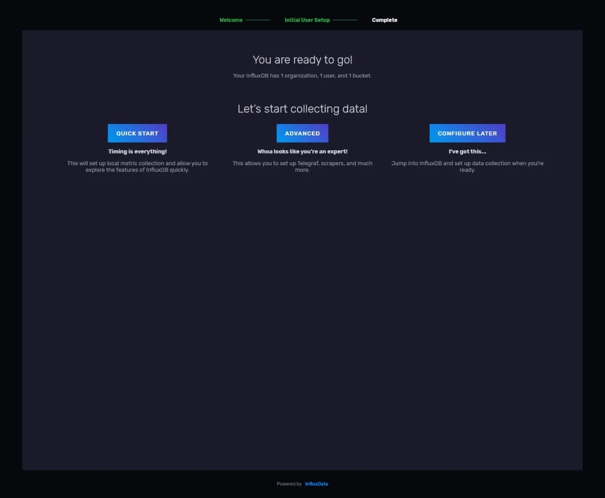 InfluxDB Wizard Complete