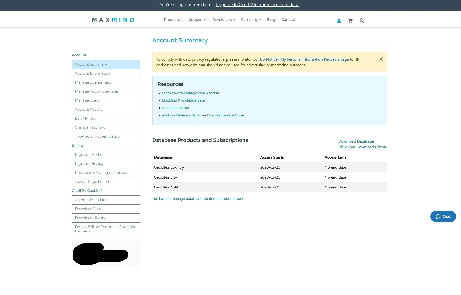Maxmind Account Summary