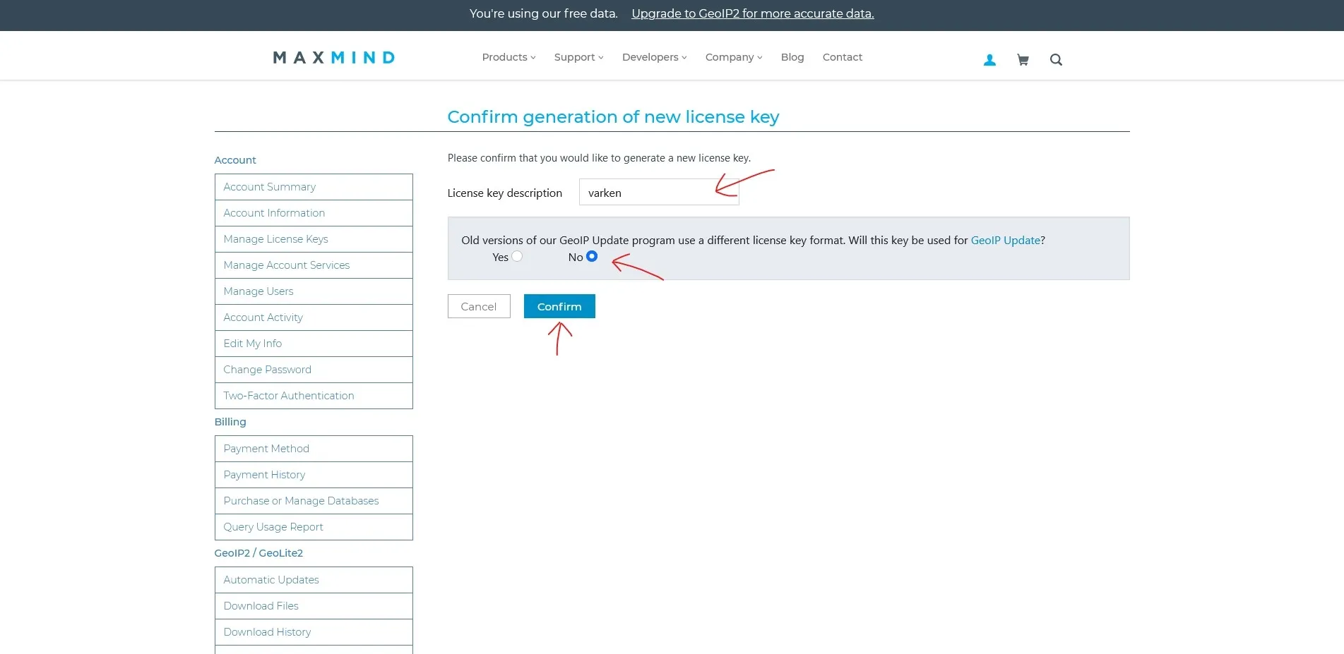 Maxmind Generate Key