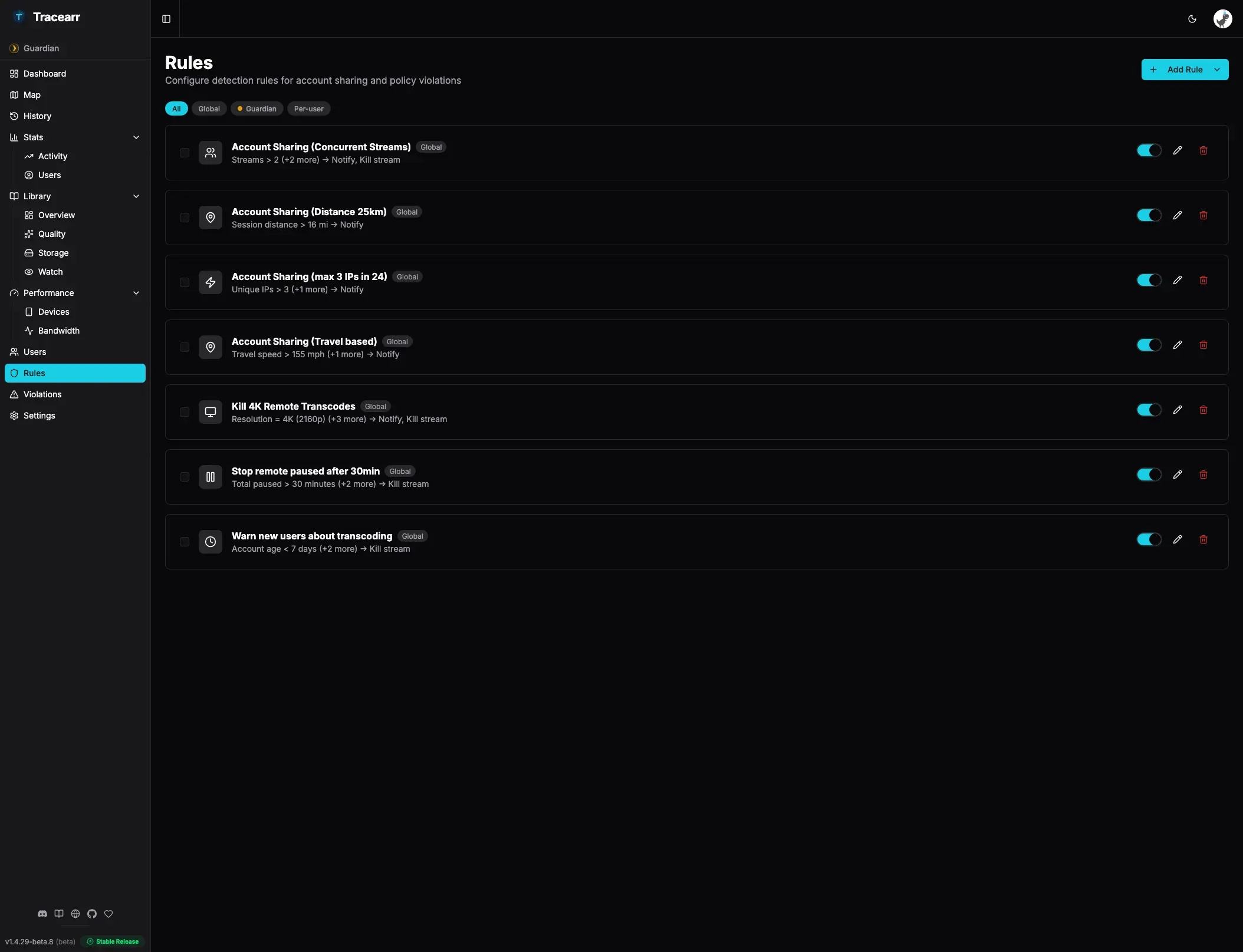 Tracearr Rules Tab