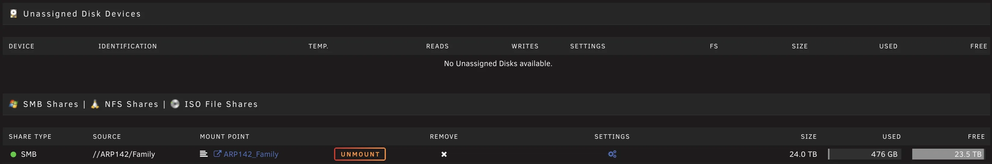 Unraid Unassigned Devices Plugin with UNAS Mounted