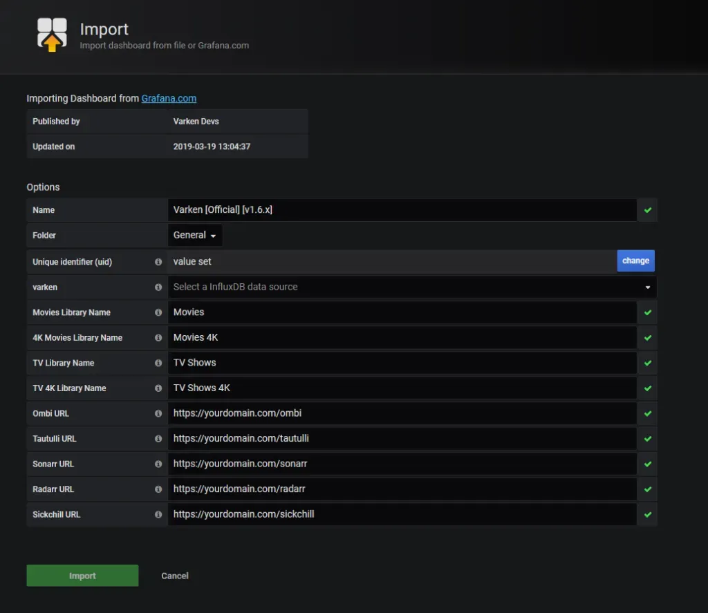 Grafana dashboard import screen for the Varken dashboard