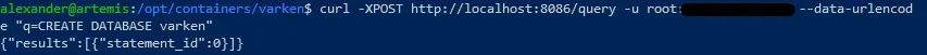Terminal output after creating the Varken InfluxDB database