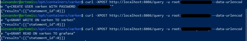 Terminal output after creating the Varken InfluxDB user and permissions
